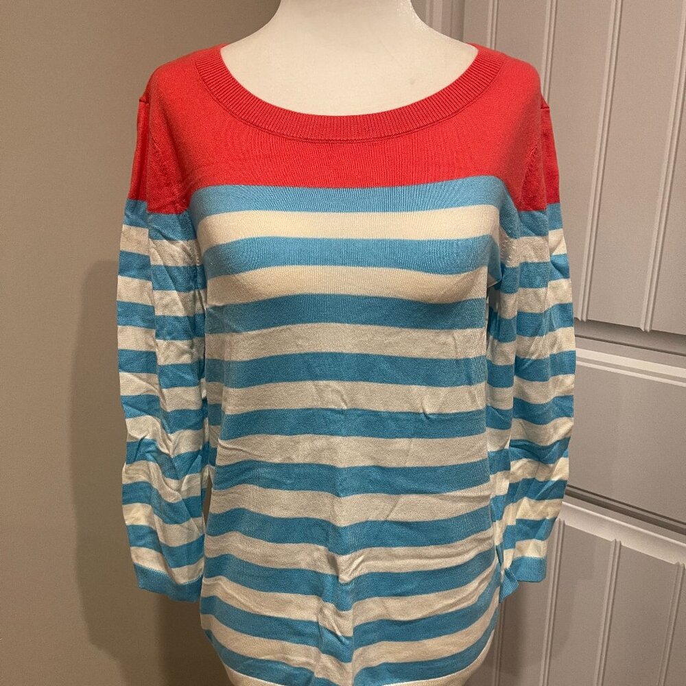 Talbots Striped 3/4 Sleeve Button Down Back Sweater